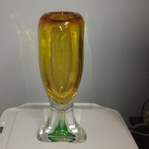 ❤️Vintage Art Glass Vase ADAM JABLONSKII Bubble Cut 14" Handblown Yellow Green